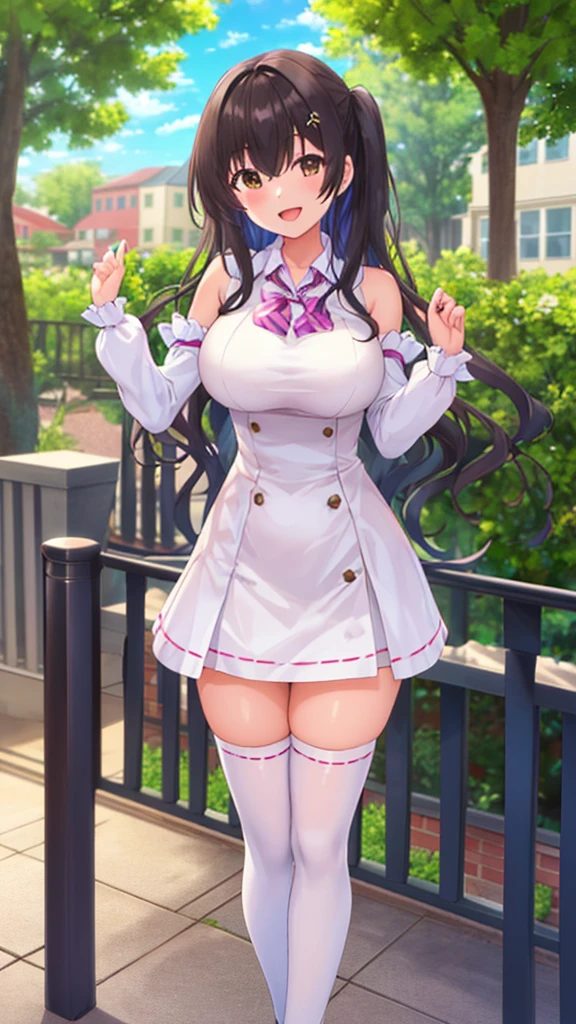 (Masterpiece, Best Quality, girl, solo, looking at viewer, ryuuto_kashima, black hair, brown eyes, large breasts, white dress, detached sleeves, blue thighhighs, standing, outdoors, smile, open mouth