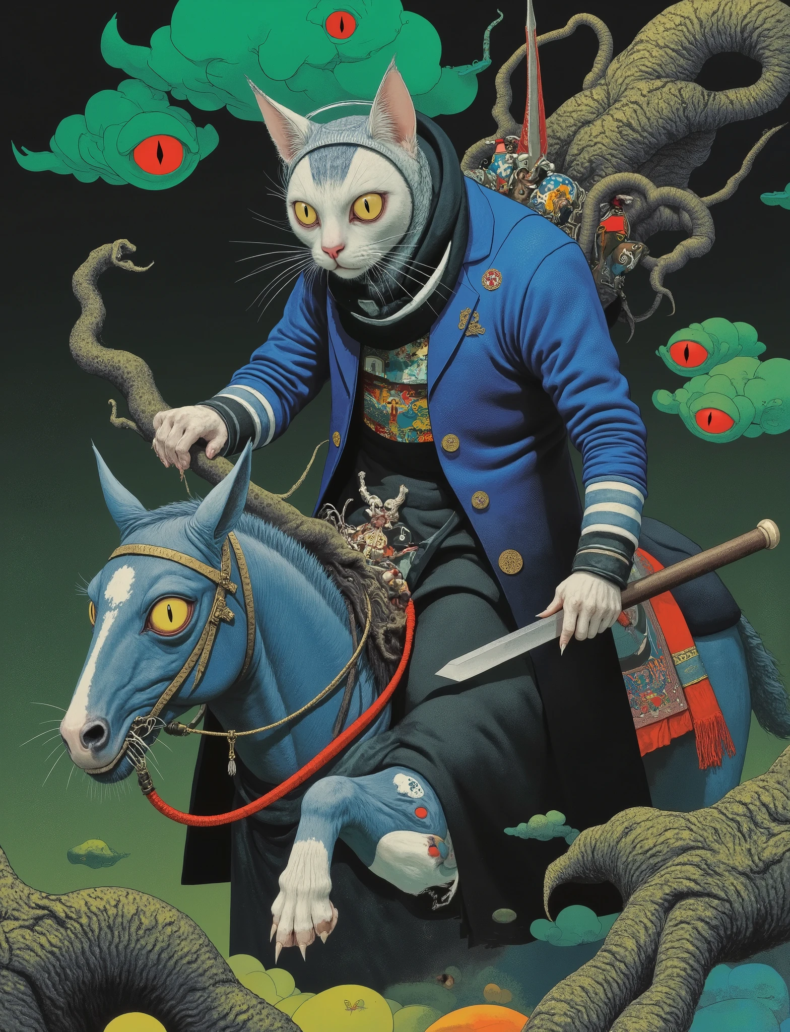 ( view Countertop ) illustration of a cat with big eyes (wearing round transparent ), in samurai armor riding a blue horse. in a mysterious forest . (esotericism) (Catholic punk ). inspired by Tim Biskup, Adobe Illustrator Art, in the style of digital illustration, Created in Adobe Illustrator, Behance vector hd ,, Fabulous Illustrations,, Occultism. A beautiful artistic illustration (( ultra detailed)) (8K)