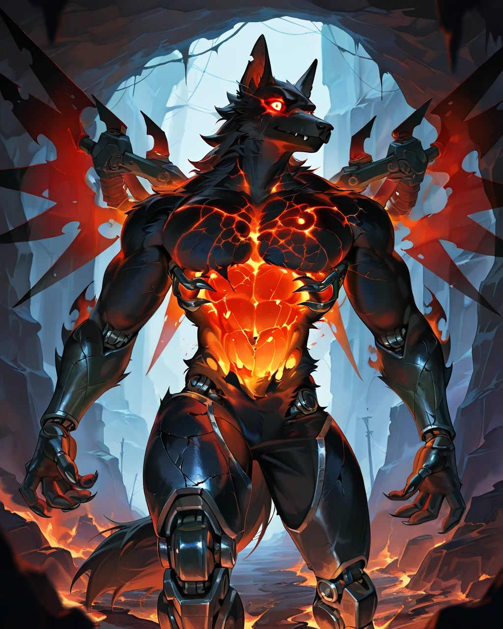 Best Quality, masterpiece, Ultra High Resolution, Detailed Background, (furry male), ( Black Cerberus furry ), metalic body, demonic, underground cave scenery, red glowing eyes, two pair of eyes, Anubis, muscle, (cracked belly:1.2, cracked arms:1.2), cracked chest, solo, male, infernal runes, with black fur, steel ribs, mechanical body, armored legs, metal claws, 4 robotic wings, perfect proportion, good anatomy, perfect anatomy