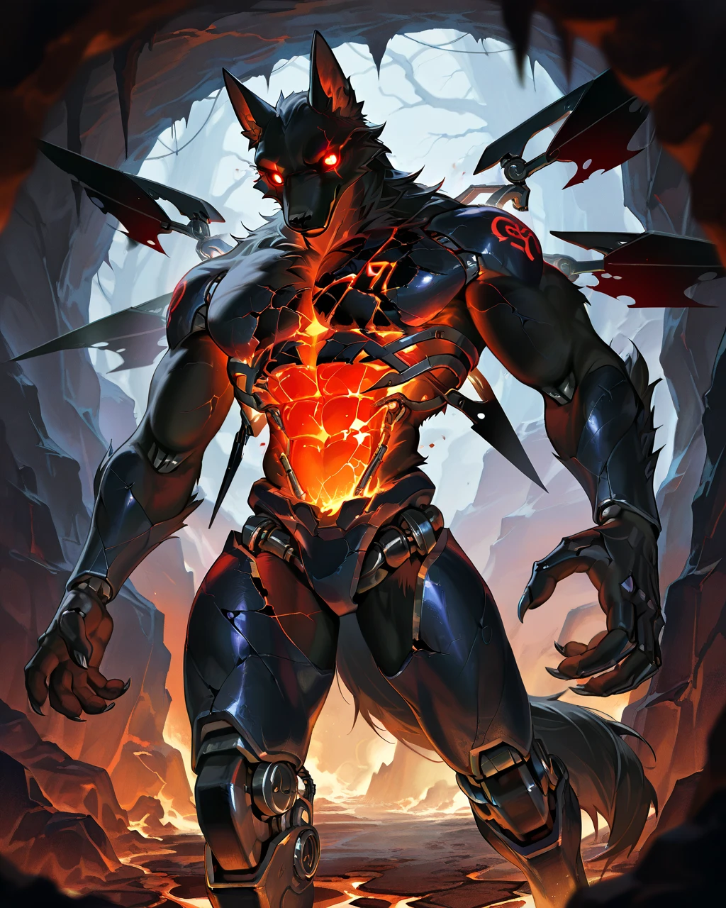 Best Quality, masterpiece, Ultra High Resolution, Detailed Background, (furry male), ( Black Cerberus furry ), metalic body, demonic, underground cave scenery, red glowing eyes, two pair of eyes, Anubis, muscle, (cracked belly:1.2, cracked arms:1.2), cracked chest, solo, male, infernal runes, with black fur, steel ribs, mechanical body, armored legs, metal claws, 4 robotic wings, perfect proportion, good anatomy, perfect anatomy