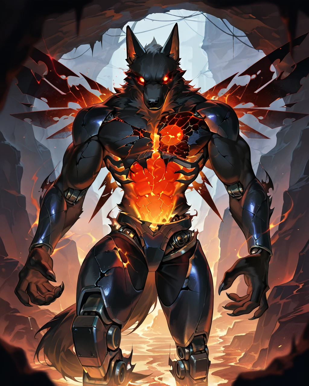 Best Quality, masterpiece, Ultra High Resolution, Detailed Background, (furry male), ( Black Cerberus furry ), metalic body, demonic, underground cave scenery, red glowing eyes, two pair of eyes, Anubis, muscle, (cracked belly:1.2, cracked arms:1.2), cracked chest, solo, male, infernal runes, with black fur, steel ribs, mechanical body, armored legs, metal claws, 4 robotic wings, perfect proportion, good anatomy, perfect anatomy