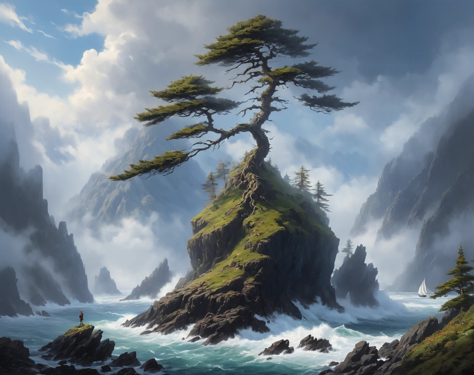  ( A huge cedar grows ,  A huge spruce on top of a mountain ),  (in the distance, a huge creature with an elongated snout with 4 fins on its head emerges from the fog:1.3) ,   high ledges on both sides of the sea , mountain rift ,  view high from above and from afar , (a sailboat or a beautiful galleon sails in a crevice between steep black cliffs:1.3),  in the distance High black mountains with snow-capped peaks  ,  goes into the clouds   ,  scaly moss grows on top   . lots of air     , cliff, the waves of the sea are raging     .      the sky before the thunderstorm     ,      light through the clouds      .      reflections in water     .      The Abyss of the Dark Sea    , ( highest quality ,  masterpiece fails), , 4K, concept art, fantasy, blue tones,     very detailed oil painting    .     high view from above     .

