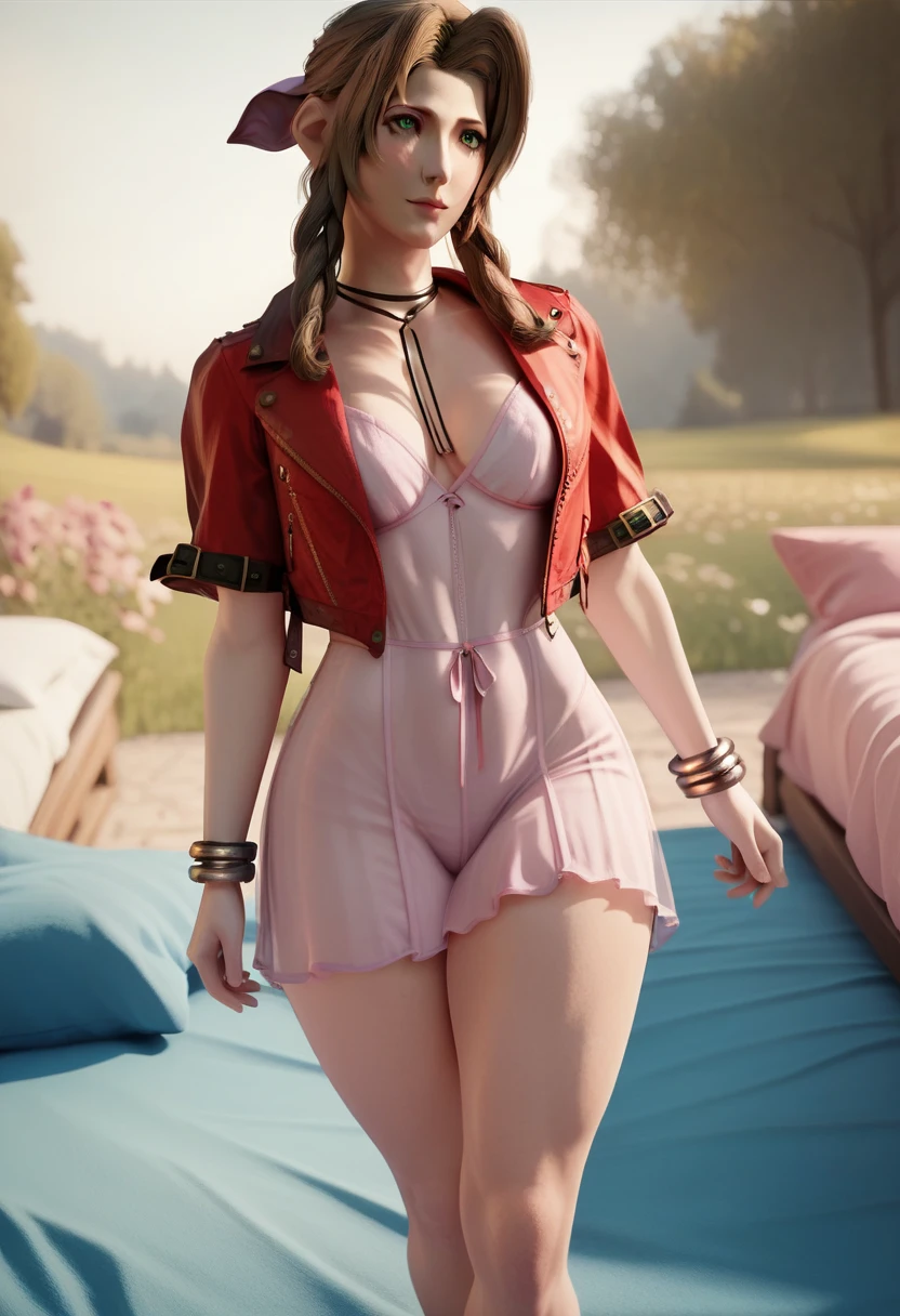 (best quality), (very aesthetic), (ultra-detailed), (best illustration),Aerith in a sexy underwear ,Trembling with pleasure, Masturbating while standing, in bed room