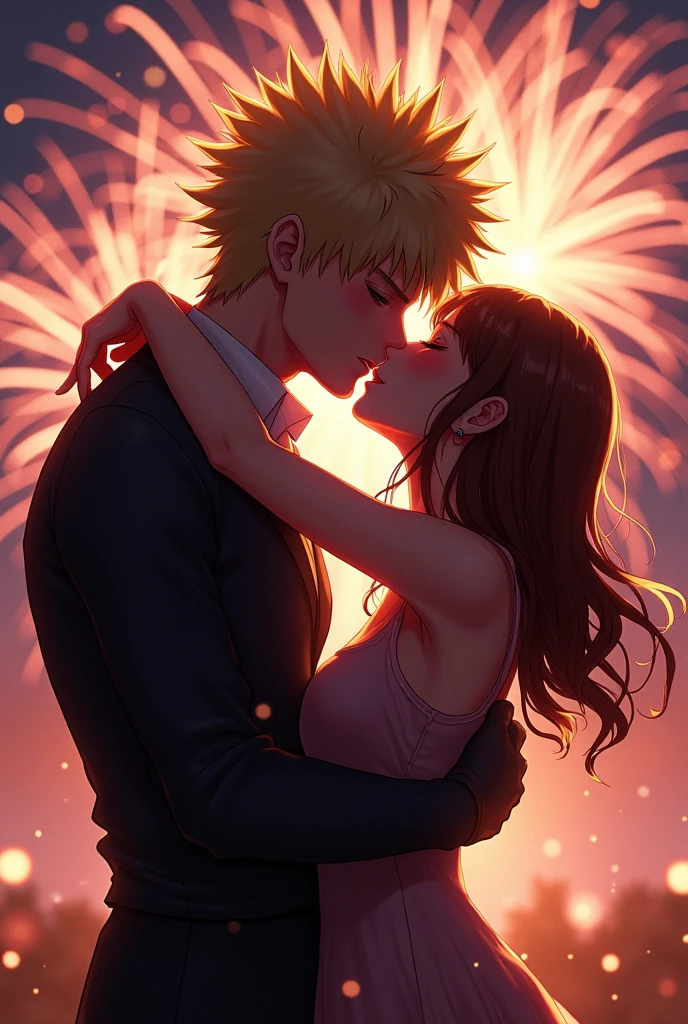 A young woman with ginger hair, green eyes and light freckles kisses her lover Katsuki Bakugo. Drawn in manhwa style. A romantic scene. There are fireworks in the background.