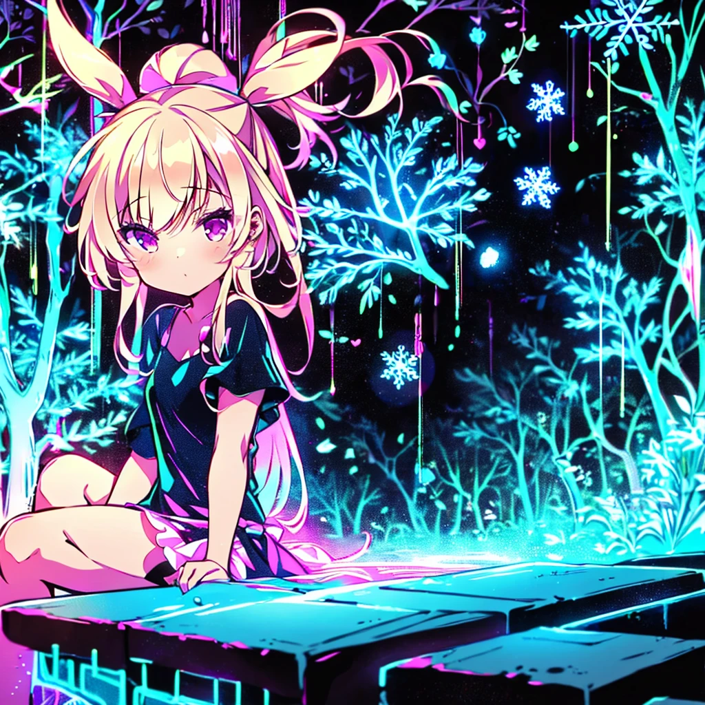  One Girl ,Chibi、 fantasy、 cute世界、Trump、 Alice in Wonderland、clock、  best details、 cute、  neon color gradient hair color、   snowflake  、 fantasy、  absurd、 neon lights enhance the  cuteness、世界一 cute絵、  fantasy、 Alice in Wonderland、