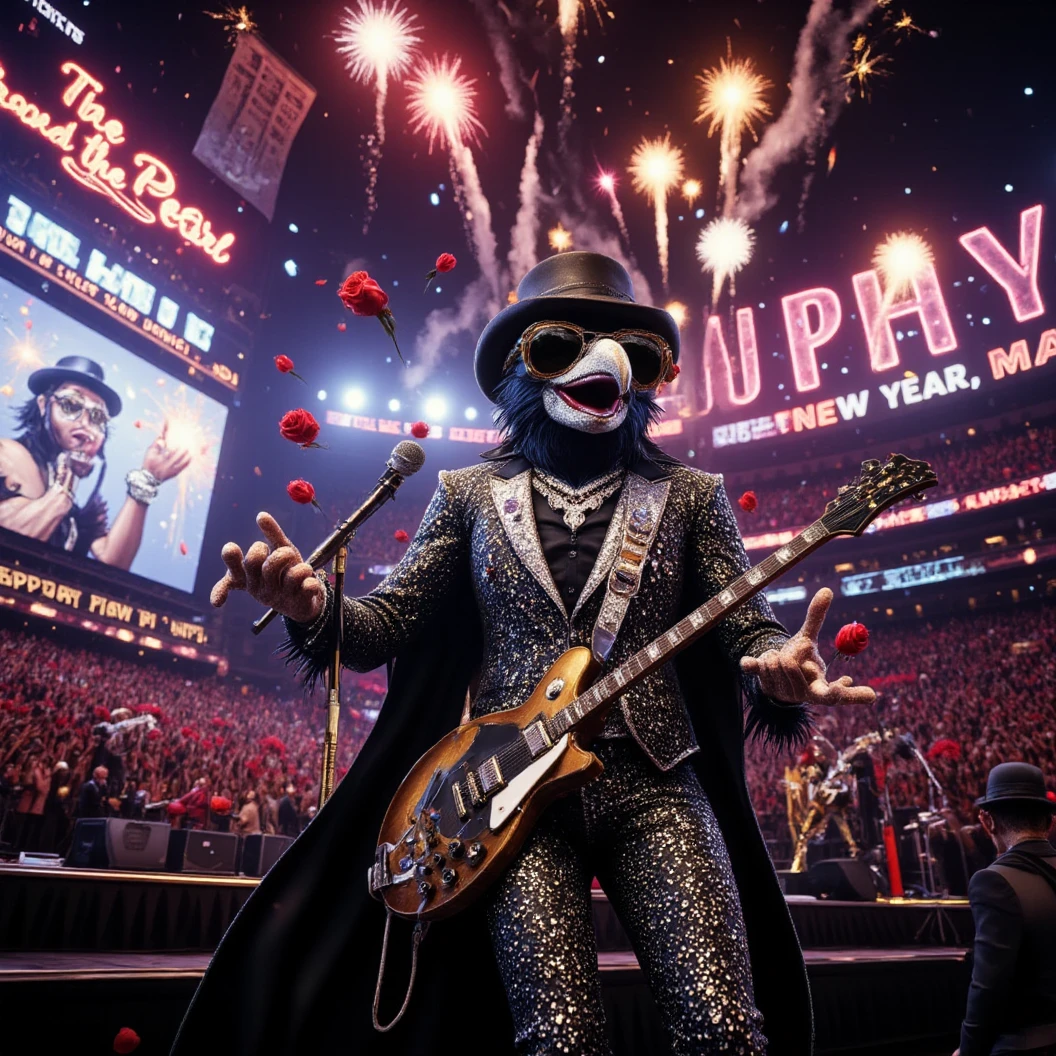 Stadium Blues Rock concert. The band "The Obsidian Flow Project" rocks the stage. A muscular and cool looking anthropomorphic crow is the lead singer and guitarist donned in an ornate black and gold shining suit made if diamonds, a black fedora, large diamond studded sunglasses and shining diamond jewelry. The jumbotrons shows the concert and reads "Happy New Year, MAB!". Large neon sign says "Live from The Pearl" "Presents The Obsidian Flow Project". Plays on stage facing the crow. Camera flashes can be seen in the crowd. Obsidian dynamically plays his guitar while singing to a retro microphone. The crowd is throwing roses on stage at him. Fireworks explode and spell out "Happy New Year, MAB"Dynamic Posing, High Resolution, Masterpiece, Award Winning, Super Detailed, Cinematic, Cinematography, Hyperrealism, Depth Of Field, Image Fill. 