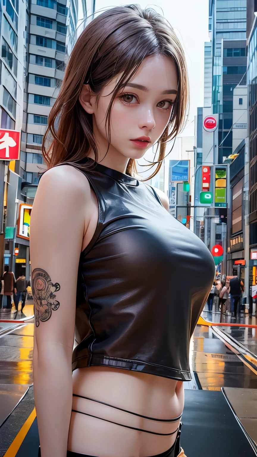 Highest image quality, outstanding details, Ultra high resolution, (Realism: 1.4), best illustration, I prefer details, very tight 1 girl, with a gentle and beautiful face, naked , beautiful breasts, no bra, wearing latex high-waisted tight pants, square hairstyle, holding a gun, walking on the road, background - high-tech light scene of the city of the future.