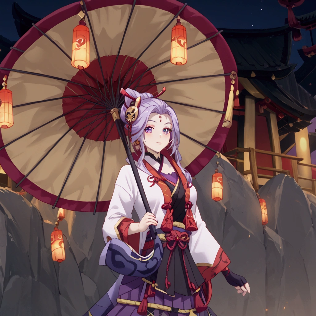 there is a woman in a costume holding a purple umbrella, onmyoji, inspired by Pu Hua, lunar themed attire, inspired by Ju Lian, heise jinyao