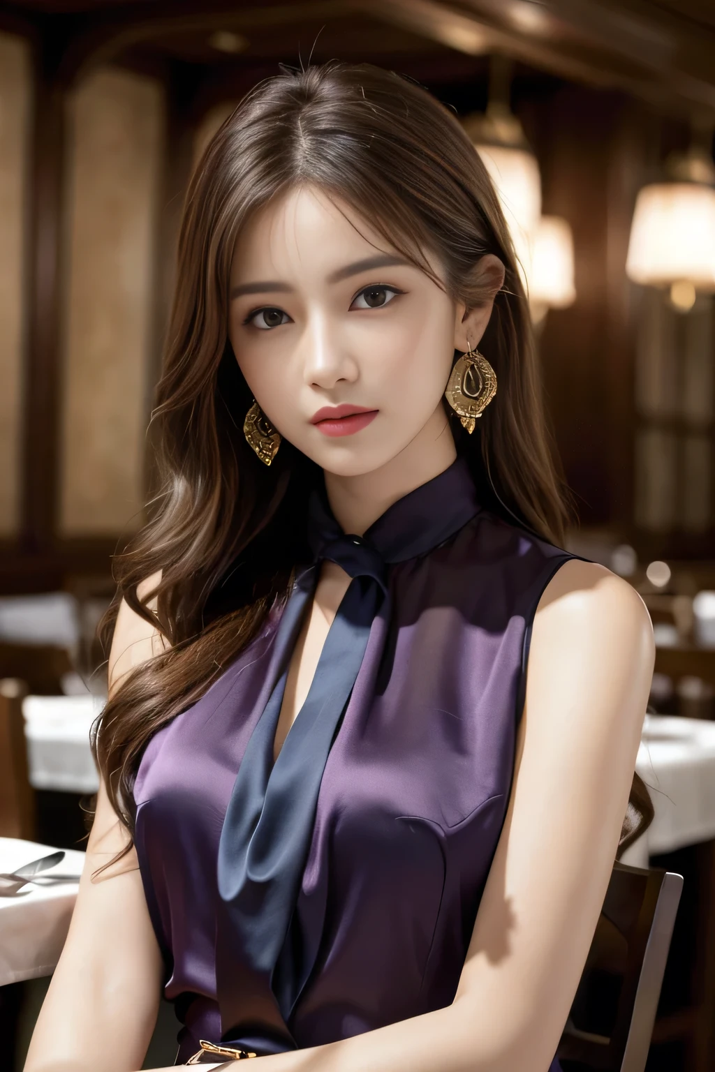 masterpiece, Highest quality, Realistic, Very detailed, Finer details, High resolution, 8k wallpaper, One beautiful woman, Wear a pretty colored silk shirt, In a great restaurant, At night, Light brown messy hair, Perfect dynamic composition, Beautiful and beautiful eyes、Big earrings、chest、Sleeveless shirt、