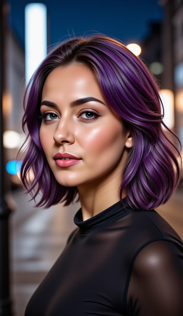 instagram photo, closeup face photo of a young french in dress, beautiful face, makeup, night city street, bokeh, motion blur, purple hair, professional make up