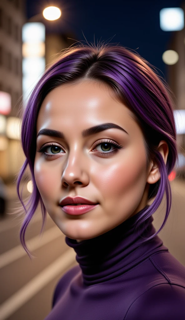 instagram photo, closeup face photo of a young french in dress, beautiful face, makeup, night city street, bokeh, motion blur, purple hair, professional make up