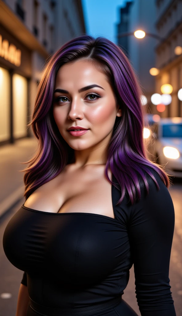 instagram photo, closeup face photo of a young french in dress, beautiful face, makeup, night city street, bokeh, motion blur, purple hair, professional make up