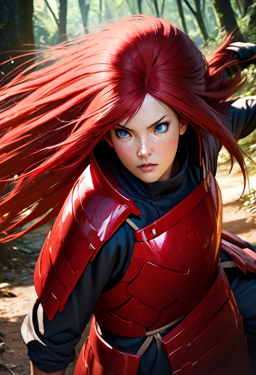 A beautiful girl with long red hair and blue eyes, wearing a ninja armor (Madara style), with freckles, walking through a forest, detailed face, intricate armor, dynamic pose, realistic lighting, vibrant colors, highly detailed, 8k, masterpiece, photorealistic