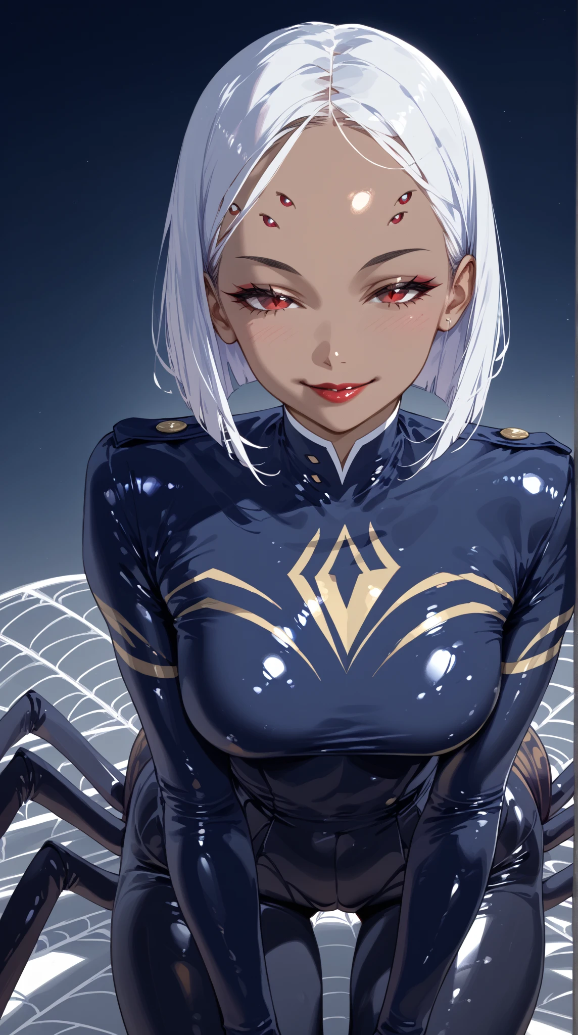 (  sexy girl  :1.65),(   sexy body  :1.4),(Greasy Dark Skin   :1.8),     young beautiful woman with nice background  ,(masterpiece:1.3,   Top Quality  :1.3,   detailed depiction  :1.3,     incredible high definition     :1.3,   high quality animated illustration   ),(Arachne:1.5,   shiny latex skin  、     girl with upper half tied  ),(   red eyes,  vertical painting student   ,    with semi-closed eyes   :1.3, Huge ,   Seductive Smile  , Glossy lipstick ,   flashy makeup,  Seductive Gestures  ,  curved body  ,  High quality satin  ,), above o   legs, above o  &#39;thread,  above o   webs ,(Arachne girl:1.5, Here and there  ,  above o   legs:1.5)、( Spider body  :1.5  ), (  oily skin  ,    beautiful female face  )、 下半身はSpider body   、  American police costume  , taur, spider, spider taur