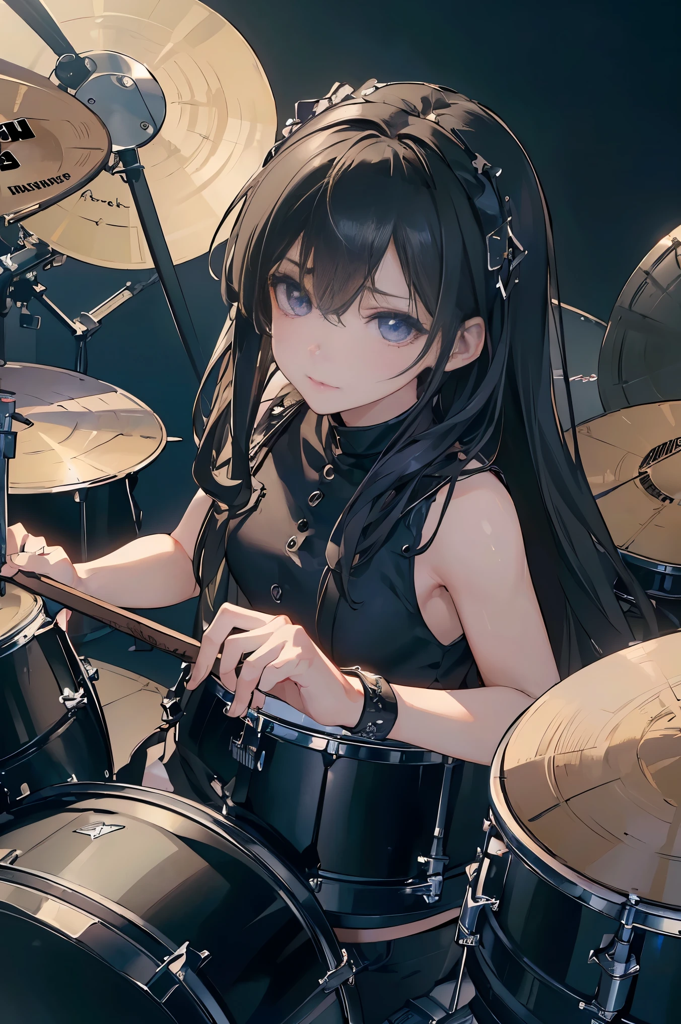 ((best quality)), ((masterpiece)), (detailed), perfect face, ((Best quality, 8k, Masterpiece: 1.3)), Sharp focus, Highly detailed face and skin texture, Detailed eyes, black hair, Rock band member, (playing drums), (drummer), YAMAHA drum set SBP2F5AZM, Shining sweat during performance, from above