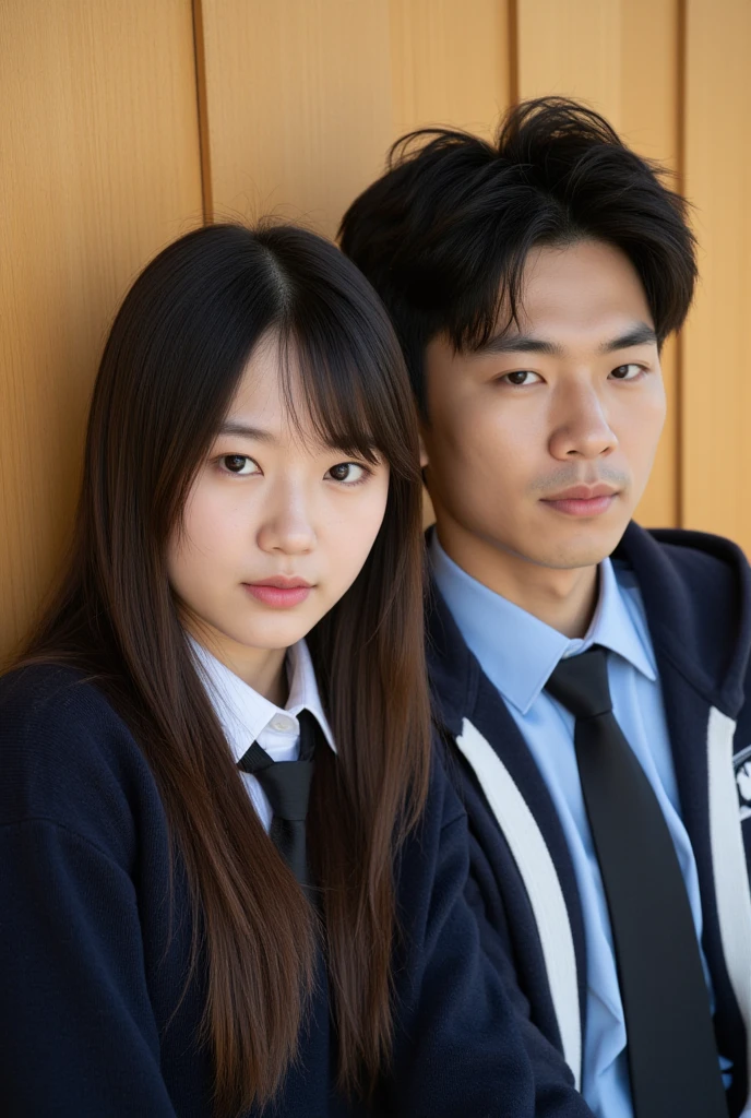Korean school girl and boy seeing each other smiling