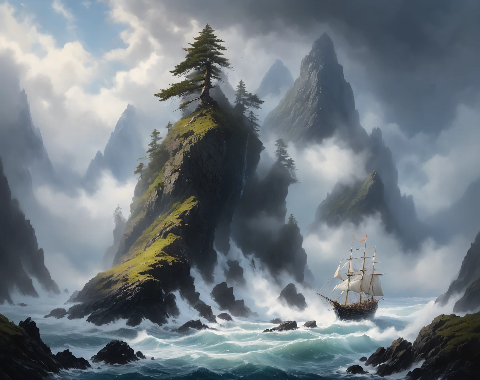  ( A huge cedar grows ,  A huge spruce on top of a mountain ),  (in the distance, a huge creature with an elongated snout with 4 fins on its head emerges from the fog:1.3) ,   high ledges on both sides of the sea , mountain rift ,  view high from above and from afar , (a sailboat or a beautiful galleon sails in a crevice between steep black cliffs:1.3),  in the distance High black mountains with snow-capped peaks  ,  goes into the clouds   ,  scaly moss grows on top   . lots of air     , cliff, the waves of the sea are raging     .      the sky before the thunderstorm     ,      light through the clouds      .      reflections in water     .      The Abyss of the Dark Sea    , ( highest quality ,  masterpiece fails), , 4K, concept art, fantasy, blue tones,     very detailed oil painting    .     high view from above     .

