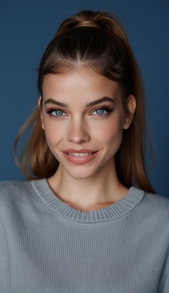 A frontal face portrait, made by professional photographer. Attention to every face detail. Kalinkafox in cozy sweater for magazine cover in studio with indigo tone background. Happy look, vivid colors, natural lights.
 