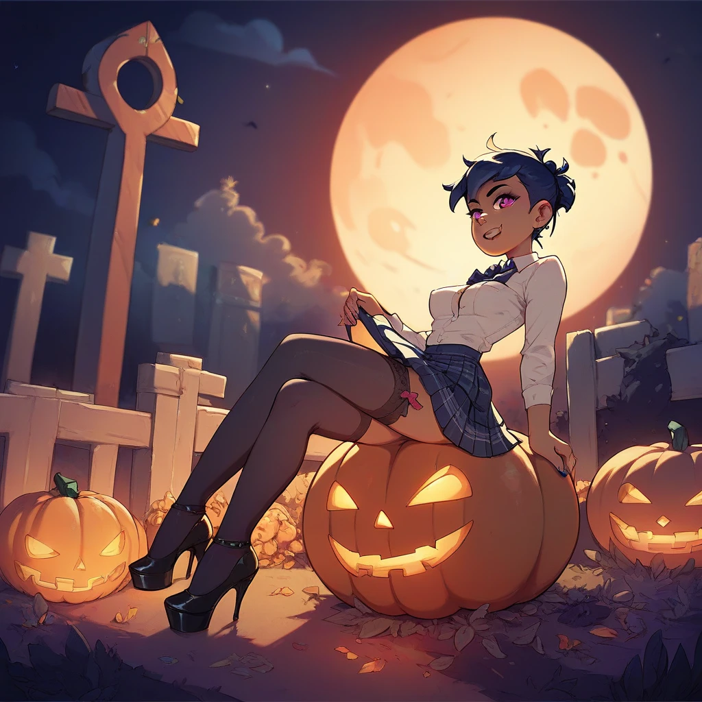 girl in short school skirts , neckline,  stockings,  high heels, Sitting on a pumpkin in the cemetery at midnight 