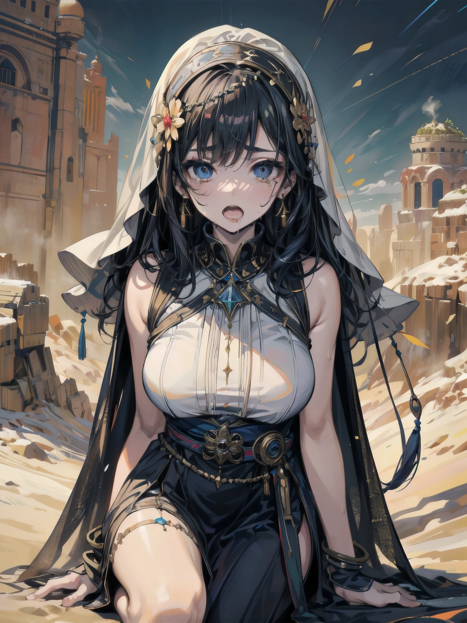 anime girl in a dress and flowers tiara , cushart krenz key art feminine, portrait knights of zodiac girl, detailed key anime art, high detailed official artwork, detailed digital anime art, trending on artstation pixiv, 2. 5 d cgi anime fantasy artwork, detailed anime character art, alluring elf princess knight, astri lohnephotorealistic, (4k), depth of field, (Masterpiece), (realistic skin texture), extremely detailed, intricate, hyper detailed, high resolution, professional photography, bokeh, sharp detail, best quality, woman, medium hair, blue hair, purple eyes, lusty grin, seductive,  beckoning ,  wearing only jewelry, (long gold chains:1.5), multiple chains, necklace, armlet, bracelet, nude, pharaoh, see-through pelvic curtain, sand dunes, pyramids in the background, oasis, (adorned in decorative gold chains), (gold chains flowing all over her body:1.5),