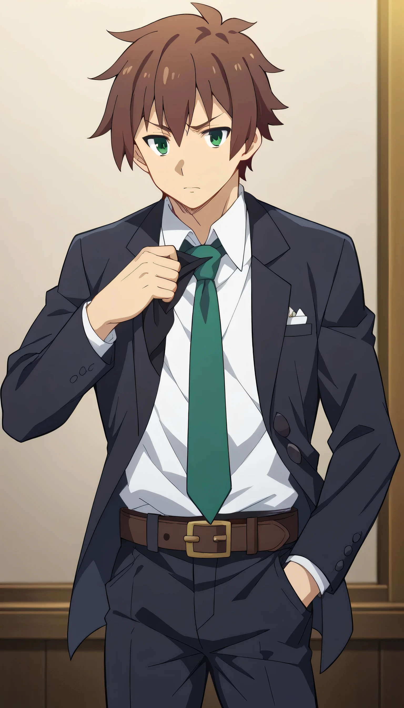 1boys, solo, male_focus, necktie, formal, gloves, suit, , adjusting_clothes, belt, hand_in_pocket, shirt,, , jacket, pants, long_sleeves,kazuma satou, short hair, brown hair, green eyes, male focus,