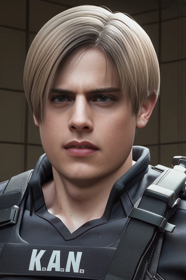 Leon S. Kennedy has a beautiful body, SWAT Clothing, Handsome and cool young man, Slim and muscular,Semen splashed on face、Looks frustrated