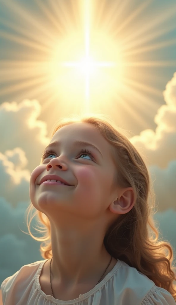 KIDS GIRL BLONDE CLOSE UP, on the cross with clouds and sun in the background, holy energy, glowing god rays, holy sacred light rays, godly and ethereal, divine god, second coming, ascended, glowing holy aura, , light of god, holy spirit