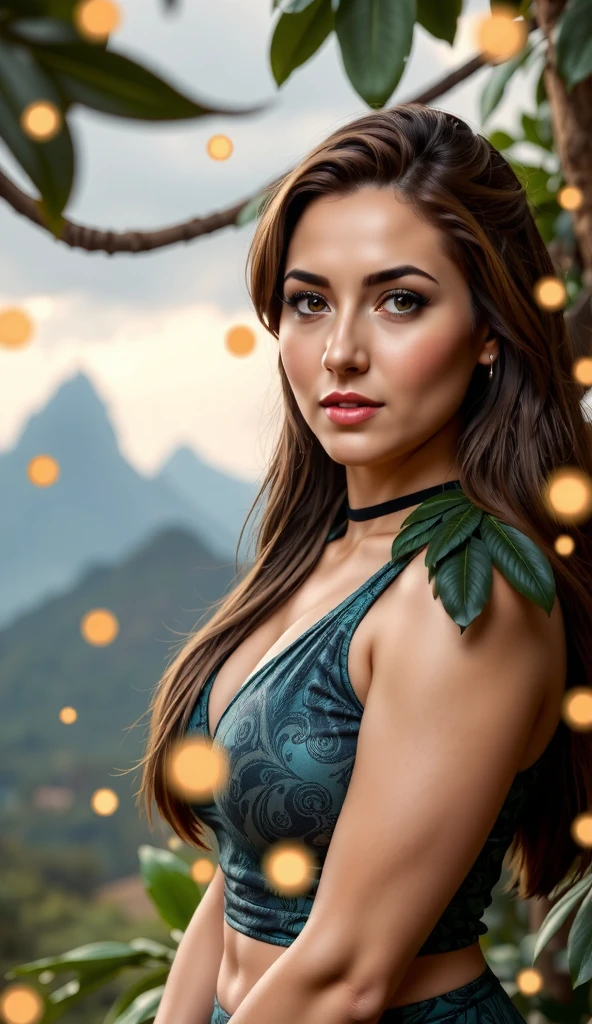 A captivating woman in a jungle-green outfit with intricate feathered shoulders, framed by the glow of fireflies and distant Amazonian peaks.
BODYRUBY-FLUX,