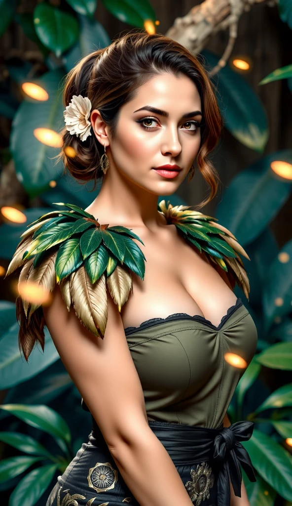 A captivating woman in a jungle-green outfit with intricate feathered shoulders, framed by the glow of fireflies and distant Amazonian peaks.
BODYRUBY-FLUX,