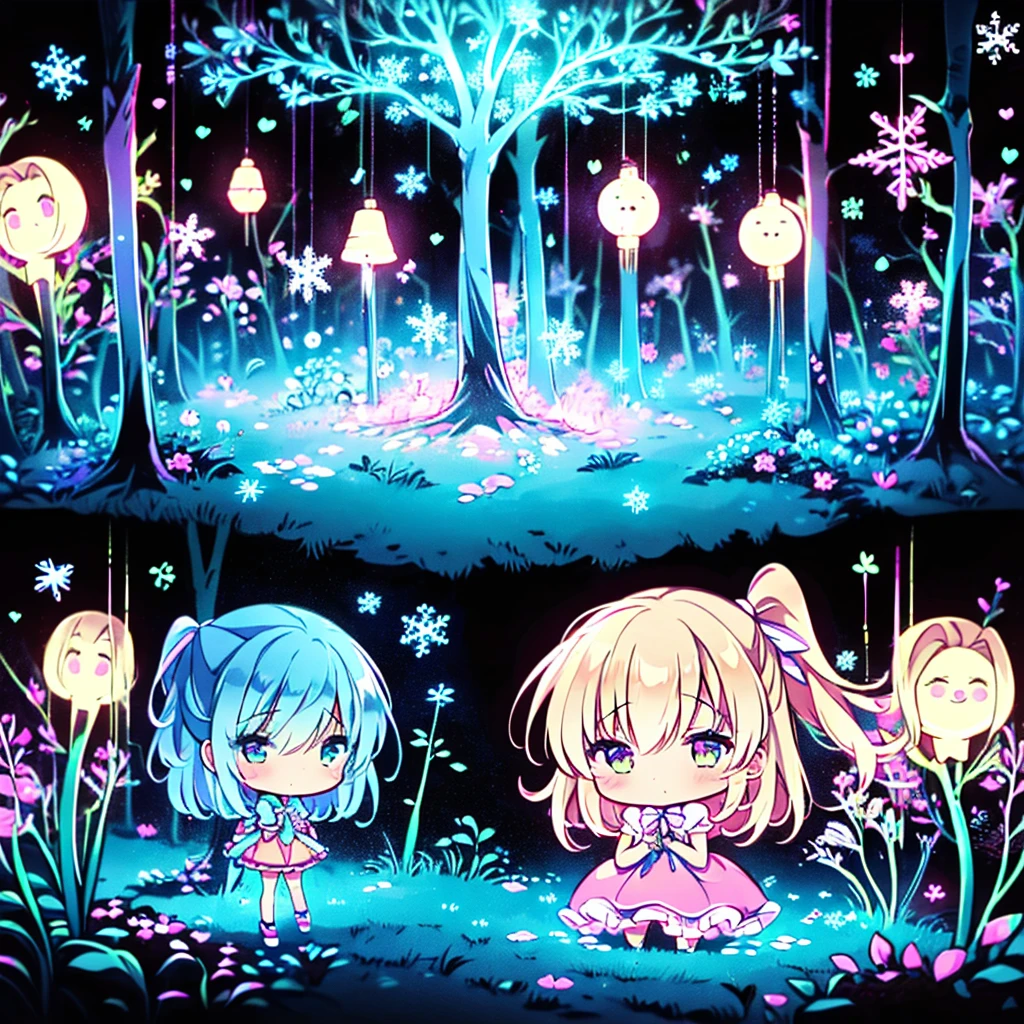  One Girl ,Chibi、 fantasy、 cute世界、Trump、 Alice in Wonderland、clock、  best details、 cute、  neon color gradient hair color、   snowflake  、 fantasy、  absurd、 neon lights enhance the  cuteness、世界一 cute絵、  fantasy、 Alice in Wonderland、