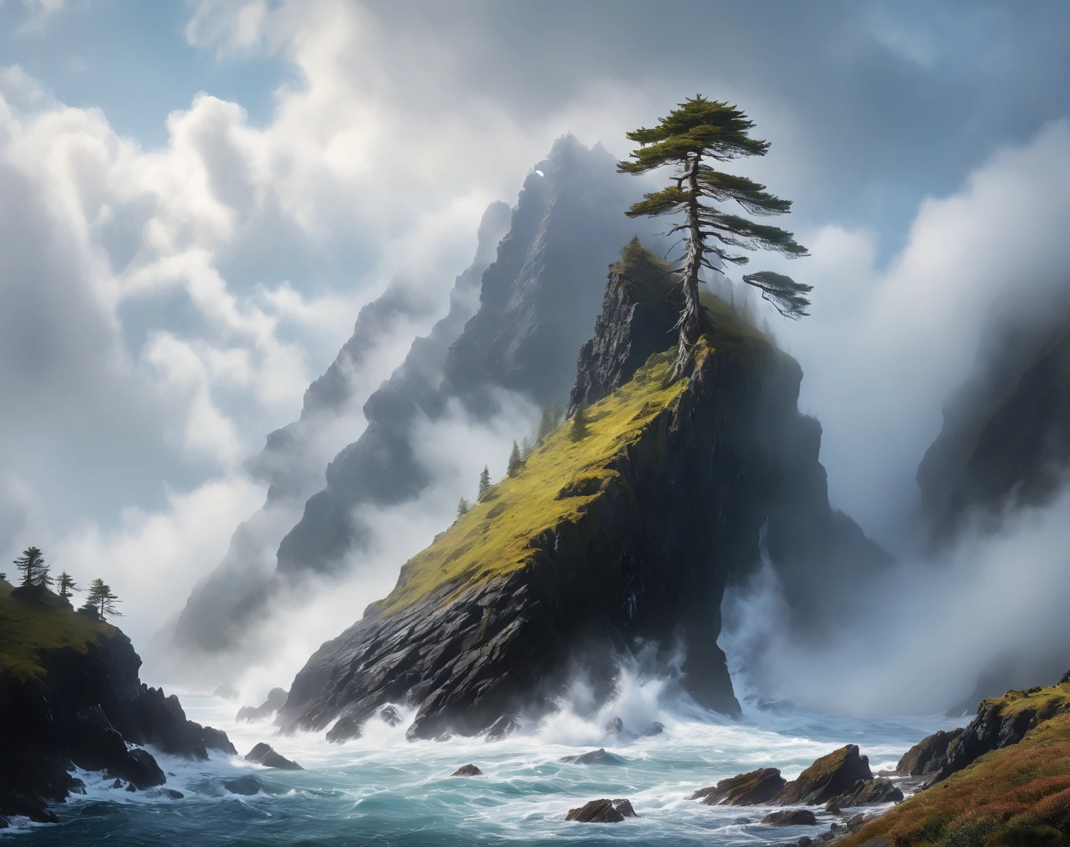  ( A huge cedar grows ,  A huge spruce on top of a mountain ), (far away from the fog, a huge creature with an elongated snout with 4 fins on its head emerges from the water:1.5) ,   high ledges on both sides of the sea , mountain rift ,  view high from above and from afar , (a sailboat or a beautiful galleon sails in a crevice between steep black cliffs:1.3),  in the distance High black mountains with snow-capped peaks  ,  goes into the clouds   ,  scaly moss grows on top   . lots of air     , cliff, the waves of the sea are raging     .      the sky before the thunderstorm     ,      light through the clouds      .      reflections in water     .      The Abyss of the Dark Sea    , ( highest quality ,  masterpiece fails), , 4K, concept art, fantasy, blue tones,     very detailed oil painting    .     high view from above     .

