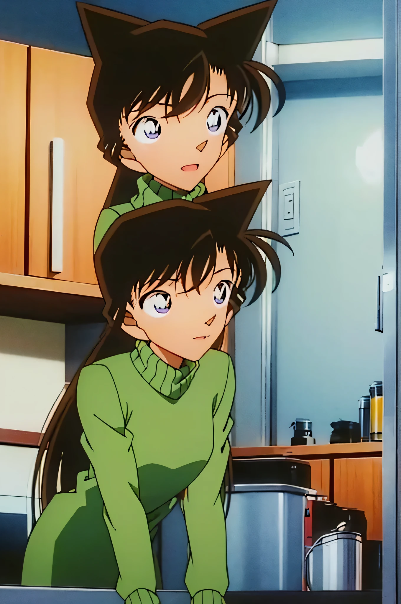 1girl、{{{mouri ran}}}, {{{meitanntei conan}}}, {{{long hair}}}, {{{official style}}}, {{{adult}}}, tight green dress (turtleneck, simple, long sleeves),light green cropped short jacket),green
socks,kitchen,bringing upper body to the sink, open, leaning forward, emphasizing the buttocks, butt to the front