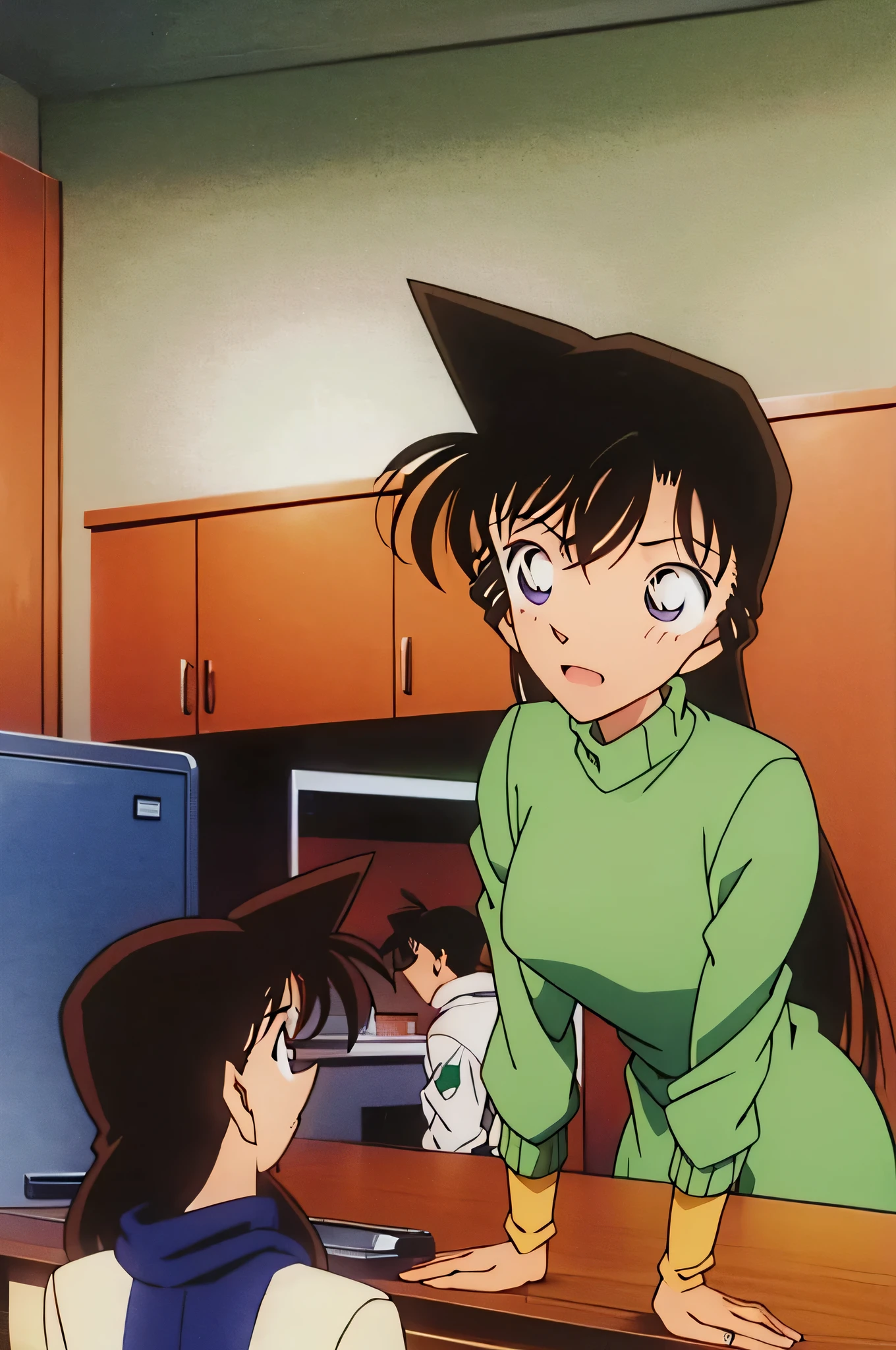 1girl、{{{mouri ran}}}, {{{meitanntei conan}}}, {{{long hair}}}, {{{official style}}}, {{{adult}}}, tight green dress (turtleneck, simple, long sleeves),light green cropped short jacket),green
socks,kitchen,bringing upper body to the sink, open, leaning forward, emphasizing the buttocks, butt to the front