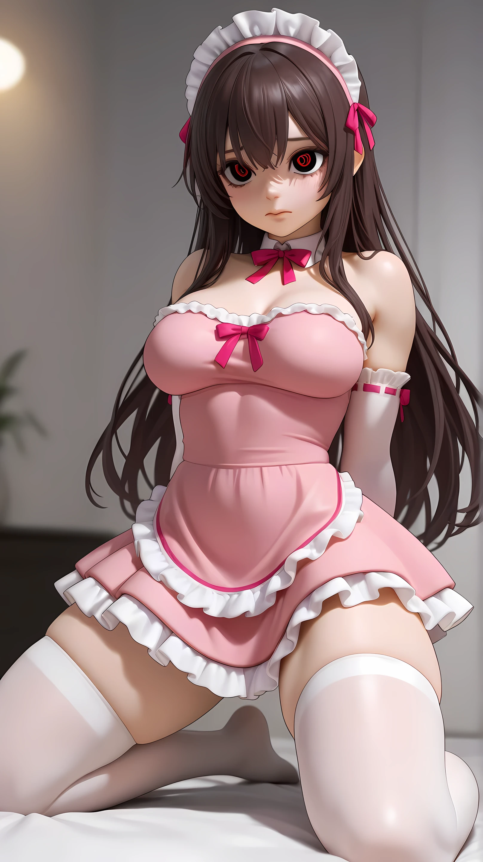 top-quality、Full limbs、complete fingers、1 beautiful woman、sweat、Slender beauty、(straight hair、hime_cut、blunt bangs 、Brown hair:1.5)、((pink maid Leotard、covered erectile nipples、very skinny))、cleavage、White pantyhose、Gorgeous hotel、bedroom、on the big bed、condom wrapper、(vulgarity:1.6)、spoken heart、(trembling:1.3)