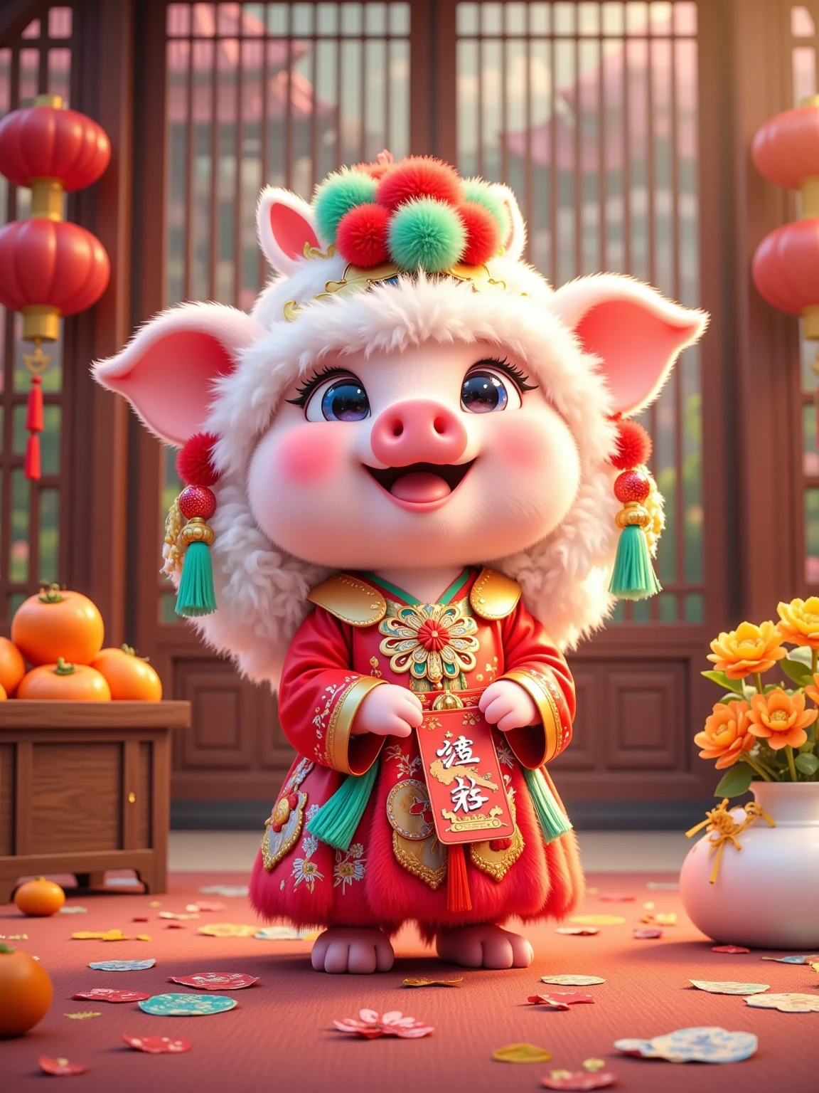 (Cute pig), (pink skin), (wearing a white lion dance hood) with red, green pompoms and gold decorations. The piglet has a bright smile on his face, his cheeks are flushed, he is wearing a red traditional costume with gold patterns, and he is holding a red blessing bag with writing on his chest. The little pig stands indoors, with red stickers, golden ingots and orange persimmons scattered on the ground. There is a wooden box with persimmons and a bag full of stickers on the left, and there are orange persimmons and a white vase with yellow flowers on the right. The background is wooden doors and windows, and red lanterns and pepper strings are hung on the doors and windows. The outline of the building can be vaguely seen outside the window. The overall color is mainly red and gold, full of festive New Year atmosphere.