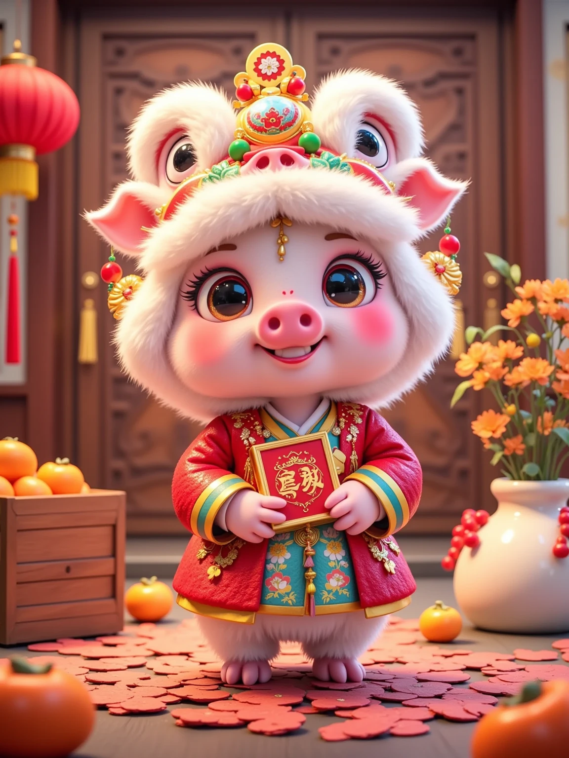 (Cute pig), (pink skin), (wearing a white lion dance hood) with red, green pompoms and gold decorations. The piglet has a bright smile on his face, his cheeks are flushed, he is wearing a red traditional costume with gold patterns, and he is holding a red blessing bag with writing on his chest. The little pig stands indoors, with red stickers, golden ingots and orange persimmons scattered on the ground. There is a wooden box with persimmons and a bag full of stickers on the left, and there are orange persimmons and a white vase with yellow flowers on the right. The background is wooden doors and windows, and red lanterns and pepper strings are hung on the doors and windows. The outline of the building can be vaguely seen outside the window. The overall color is mainly red and gold, full of festive New Year atmosphere.