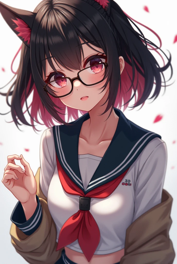 1girl, bangs, black_hair, bow, bowtie, breasts, cherry_blossoms, cum on face, cum_on_glasses, cum string, falling_leaves, falling_petals, flower, glasses, hanami, leaves_in_wind, lips, looking_at_viewer, open_clothes, open_shirt, petals, red_bow, red_bowtie, rimless_glaces, rose_petals, shirt, short_hair, solo, spring_\(season\), white_shirt, wind, <lora:cumshot_49:0.4>