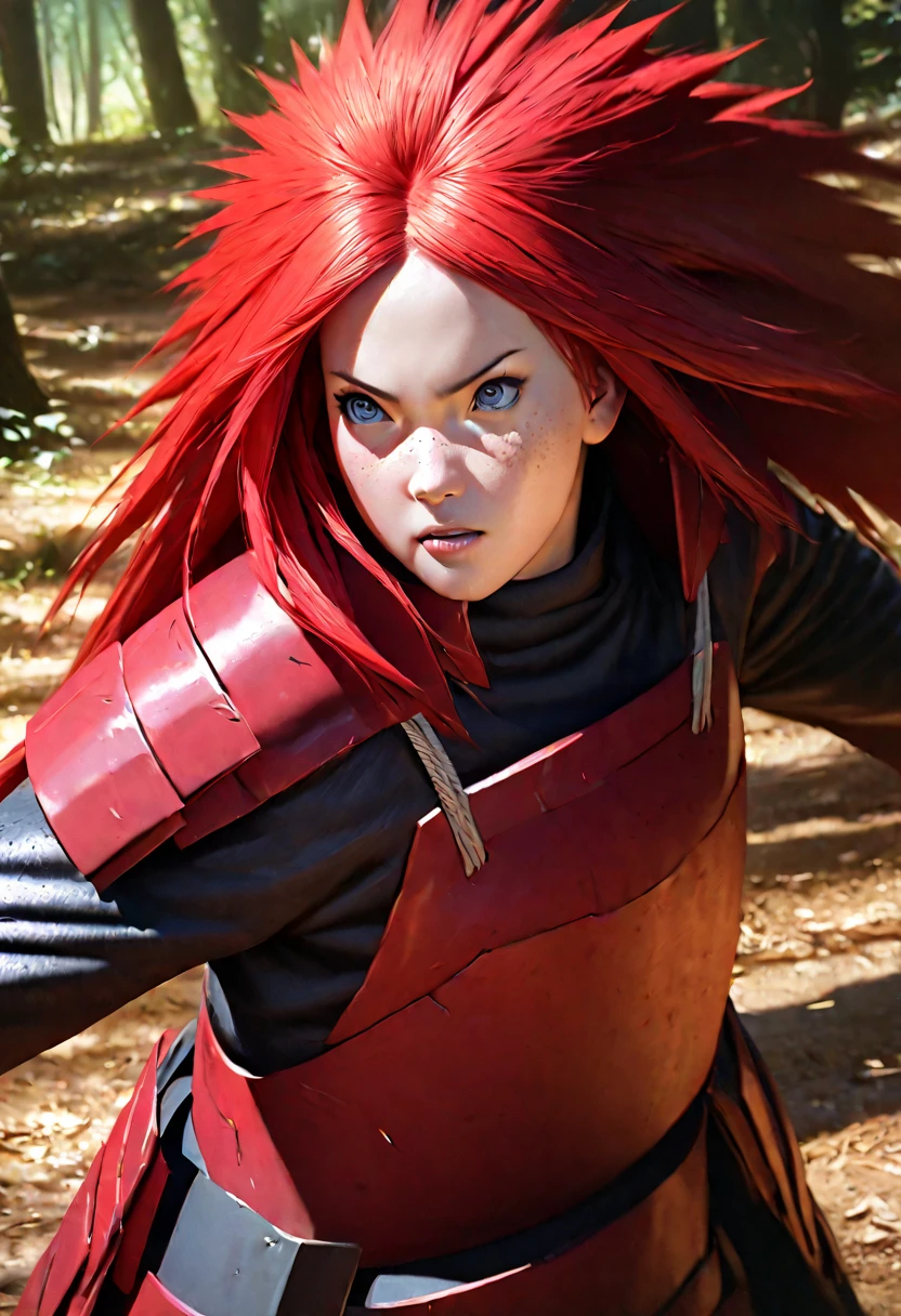 A beautiful girl with long red hair and blue eyes, wearing a ninja armor (Madara style), with freckles, walking through a forest, detailed face, intricate armor, dynamic pose, realistic lighting, vibrant colors, highly detailed, 8k, masterpiece, photorealistic, art Naruto manga, art masashi kishimoto