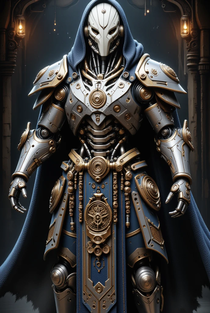 A highly detailed, intricate fantasy portrait of a robot wizard wearing a porcelain mask, cloak on back, (best quality,4k,8k,highres,masterpiece:1.2),ultra-detailed,(realistic,photorealistic,photo-realistic:1.37),atmospheric lighting, dramatic lighting, cinematic composition, digital art, concept art, intricate details, fantasy, dungeons and dragons, wizard, robot, porcelain mask, cloak, medieval, ornate, intricate patterns, glowing effects, dramatic shadows, vibrant colors, dwarf design, strong build, thick armor, full body, stocky build, warforged, dwarven, golden glowing runes, geometric face, full body camera shot, Robotic