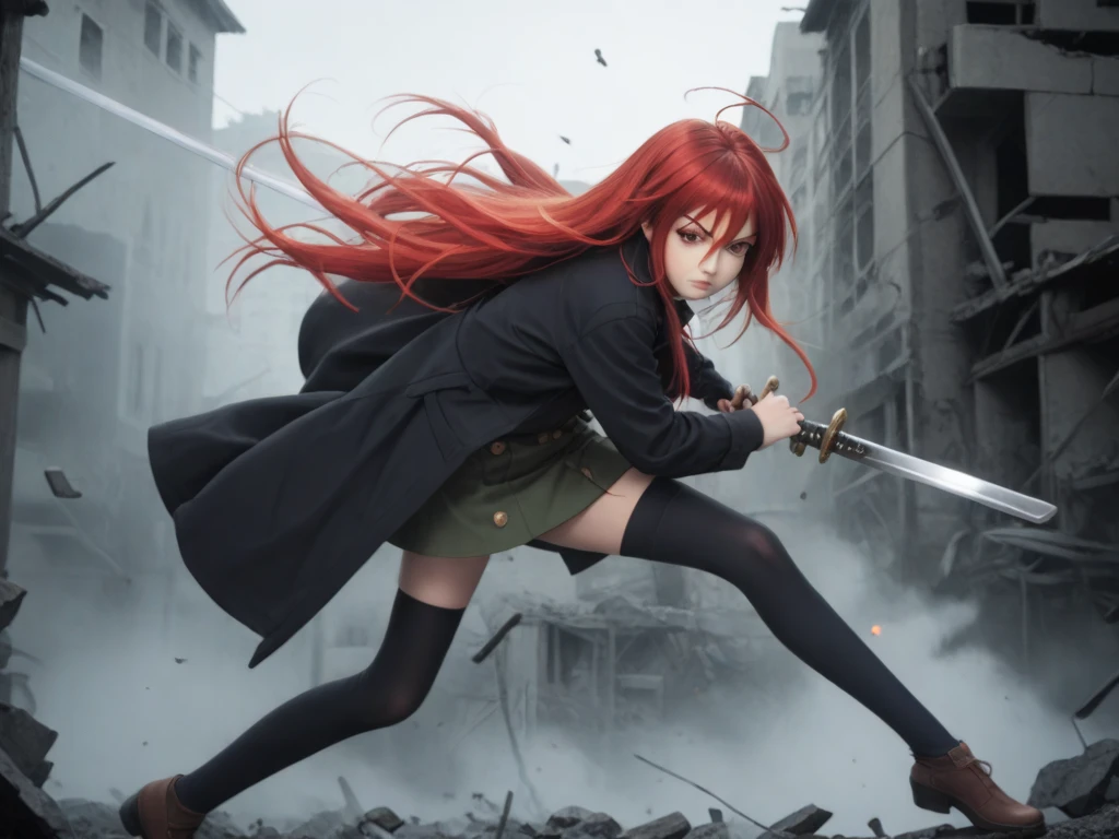 1 girl, cowboy shot, rubble ruins,a little anger, (battle preparation:1.2), open your mouth, (night:1.2), explosive inflammation,shana, red eyes, redhead, very long hair, hair between eyes, (Ahoge:1.1), explosive flame,abandoned building,rubble serafuku, green skirt, Thighhighs,long Japanese sword wrapped in flames..,highest quality, masterpiece, High resolution, black long coat,
shana, red eyes, red hair, very long hair, hair between eyes, ahoge),  score_9, score_8_up, score_7_up, source_anime, Swing a japannse sword with both hands ,(photo realistic:1.4),(realistic skin:1.4),photo realistic,Holding a Japanese sword with both hands,Battoujutsu,Put your hand on the pattern of a Japanese sword,A giant Japanese sword with a black handle