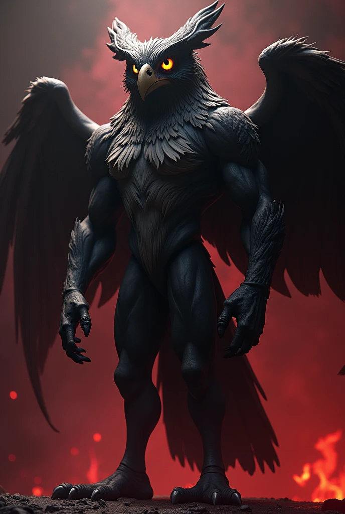 Giant black creature, like a bird with no feathers (or fur), with beak and claws, wings like two big webs of skin between horned fingers