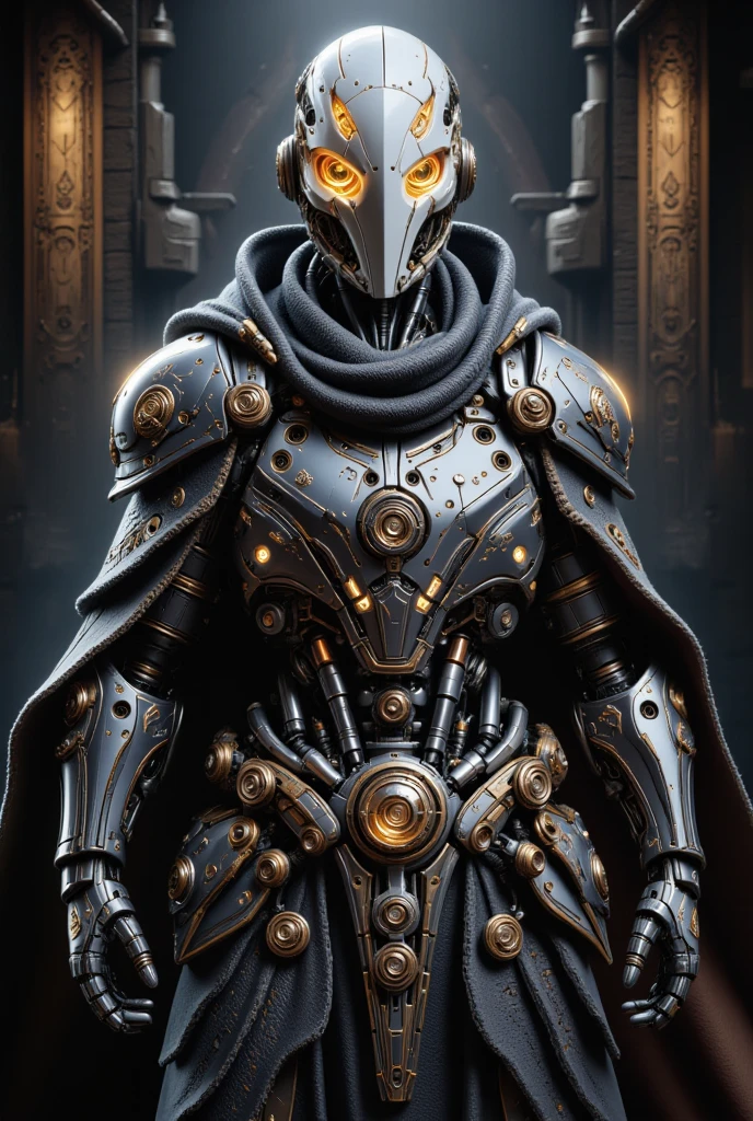 A highly detailed, intricate fantasy portrait of a robot wizard wearing a porcelain mask, cloak on back, (best quality,4k,8k,highres,masterpiece:1.2),ultra-detailed,(realistic,photorealistic,photo-realistic:1.37),atmospheric lighting, dramatic lighting, cinematic composition, digital art, concept art, intricate details, fantasy, dungeons and dragons, wizard, robot, porcelain mask, cloak, medieval, ornate, intricate patterns, glowing effects, dramatic shadows, vibrant colors, dwarf design, strong build, thick armor, full body, stocky build, warforged, dwarven, golden glowing runes, geometric face, full body camera shot, Robotic