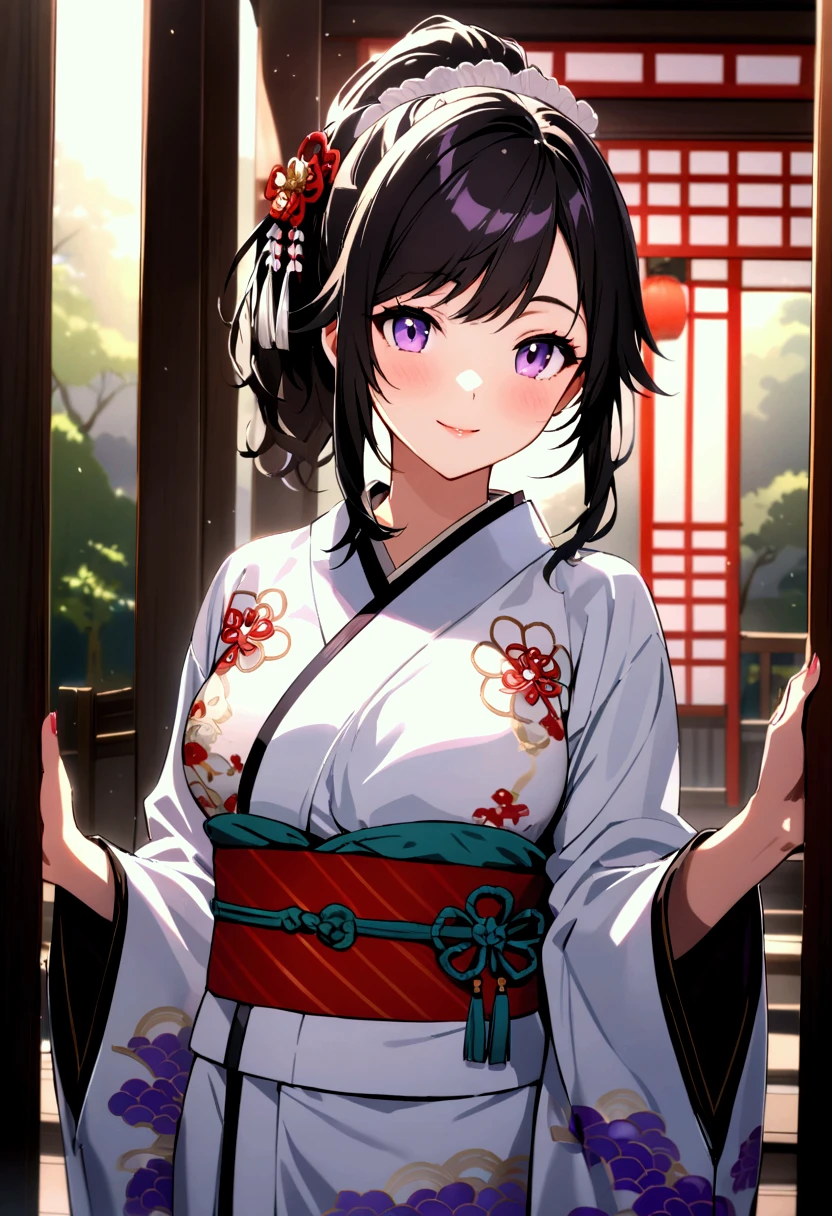 (masterpiece),(absurdres),(ultra detailed)、(Snake Embroidery:1.2、 kimono:1.1),smile,cowboy shot,Kanzashi,( Happy New Year:1.1)、 Shrine Background 、solo lady,(23-year-old),shiny black hair,shiny purple eyes,(short highponytail),(1white ribbon;1.1),(middle breast:0.7),dusty lighting:1.3,Reina