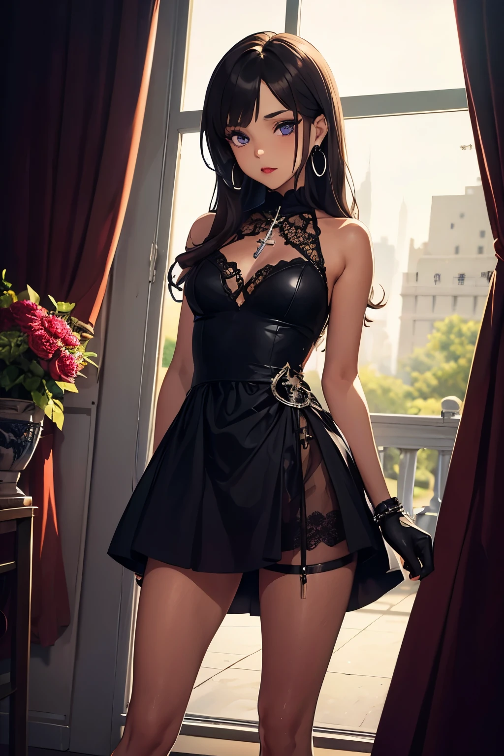 girl, 21 years old, alone, anime style image, medium breasts, 4k, brown hair, (((tanned skin))) ,Dress: A short, mid-thigh length, ((deep purple dress )) with dark black details. The dress has a fitted silhouette, with a V-cut in the front and a flared skirt.

Details: The dress has gothic details, such as black lace and embroidery of crosses and flowers. The front of the dress has a cross-shaped brooch.

Accessories:
opera gloves 
- A black leather necklace with a silver cross.
- A pair of high-heeled shoes with metal details. half up the mutes,
- A pair of black hoop earrings with red crystal details.

Make-up:

- Eyes: Black eyeshadow and black eyeliner.
- Lips: Dark red lipstick.