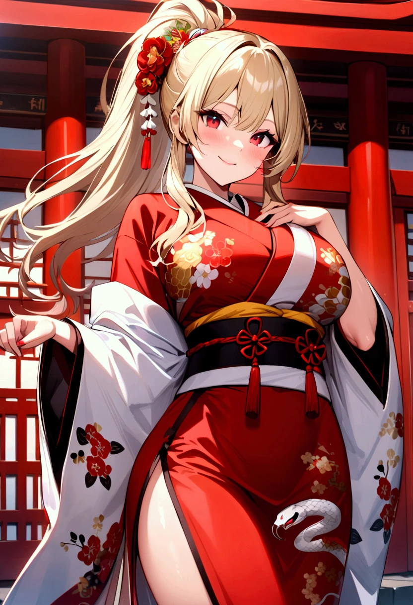 (masterpiece),(absurdres),(ultra detailed)、(Snake Embroidery:1.2、 kimono:1.1),smile,cowboy shot,Kanzashi,( Happy New Year:1.1)、 Shrine Background 、( solo girl ),(20-year-old),(blonde hair:1.0),(shiny red eyes:1.1),(highponytail:0.9),(a little red ribbon;1.0),(long hair:0.8),(big :0.8),((),(()),Fran