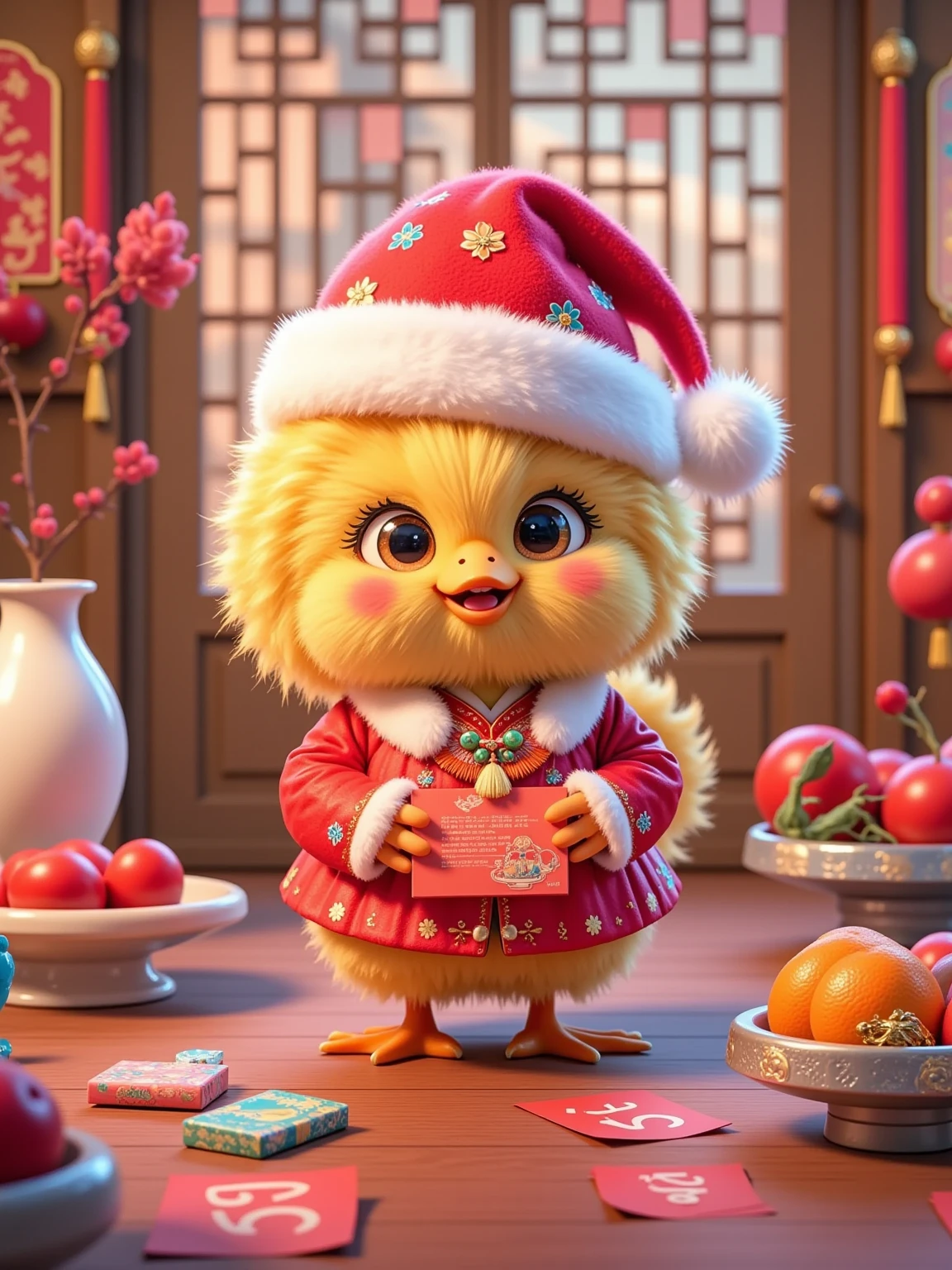 (cute chick), with yellow fluff, wearing a red and white Christmas hat with a white pom-pom on the top. The chick has a bright smile and rosy cheeks, wearing a red traditional dress with white fur trim and red buttons, holding a red letter on her chest. The chicken is standing indoors, with a red-lettered floor mat under her feet and red-lettered stickers scattered around. There is a white ceramic vase, red fruits and a small blue doll on the left side, and a metal basin full of oranges, red fruits and a small gold ingot on the right side. The background is wooden doors and windows, with red lanterns and paper-cut words hanging on the doors and windows. The outline of the building can be vaguely seen outside the window. The overall color is mainly red and gold, full of festive New Year atmosphere.