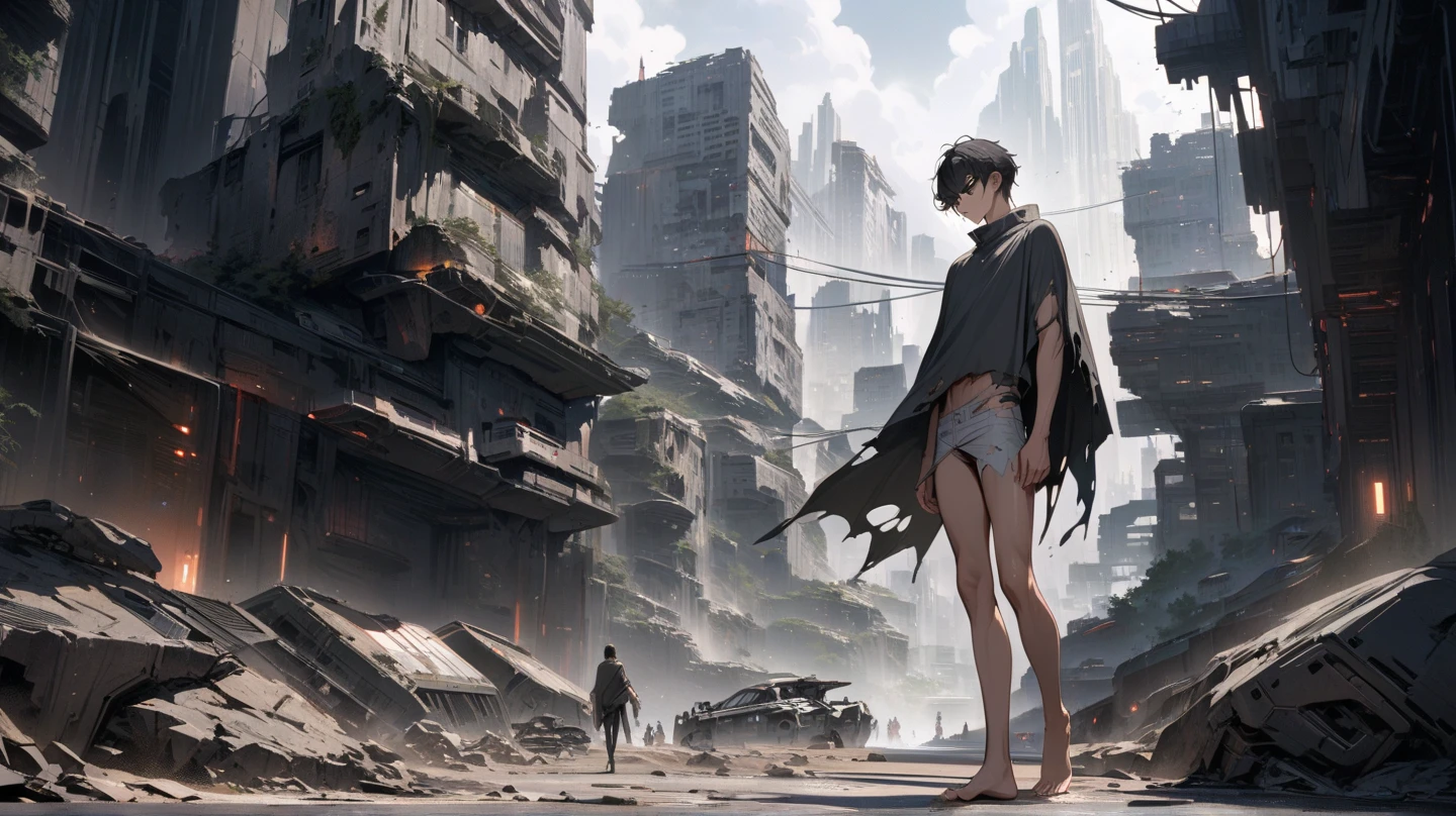 ((extremely detailed action Photorealistic cyberpunk photo)) (focus on male beauty) of 19-year-old twink Asher Angel as a shirtless cyberpunk cyborg barbarian. Beautiful intricately detailed face and body. Bare legs. ((Bare feet.)) Short cyberpunk loincloth. Short undercut hair. ((Extremely skinny frail body)). Small soft muscles. Hyperdetailed. HDR. DSLR. ((sharp focus)). Cyberpunk deep water port at night war zone background with fires. Pierced chest.