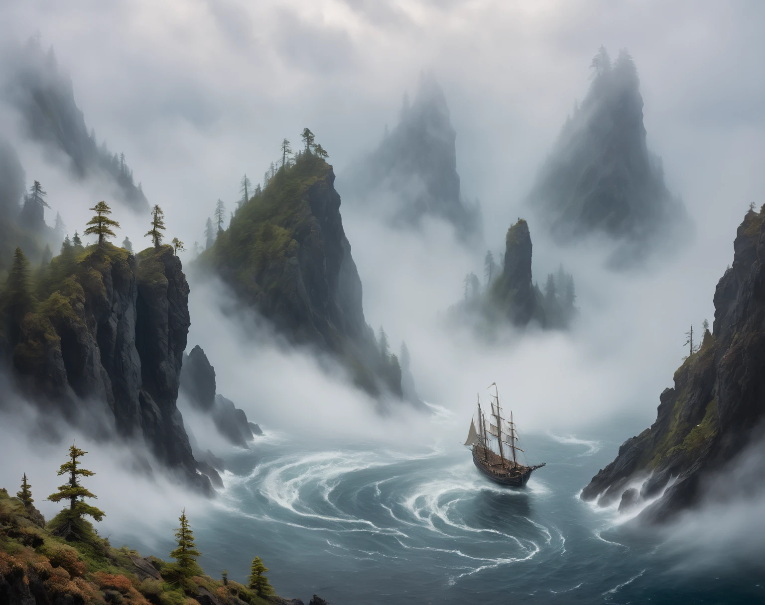  ( A huge cedar grows ,  A huge spruce on top of a mountain ), ((aerial view of a whirlpool in water )),  ( In the distance, a huge creature with an elongated snout with 4 fins on its head and the body of a sea serpent emerges from the fog,  of a huge leviathan above the trees:1.5) ,   high ledges on both sides of the sea , mountain rift ,  view high from above and from afar , (a sailboat or a beautiful galleon sails in a crevice between steep black cliffs:1.3),  in the distance High black mountains with snow-capped peaks  ,  goes into the clouds   ,  scaly moss grows on top   . lots of air     , cliff, the waves of the sea are raging     .      the sky before the thunderstorm     ,      light through the clouds      .      reflections in water     .      The Abyss of the Dark Sea    , ( highest quality ,  masterpiece fails), , 4K, concept art, fantasy, blue tones,     very detailed oil painting    .     high view from above     , cool blue tones .

