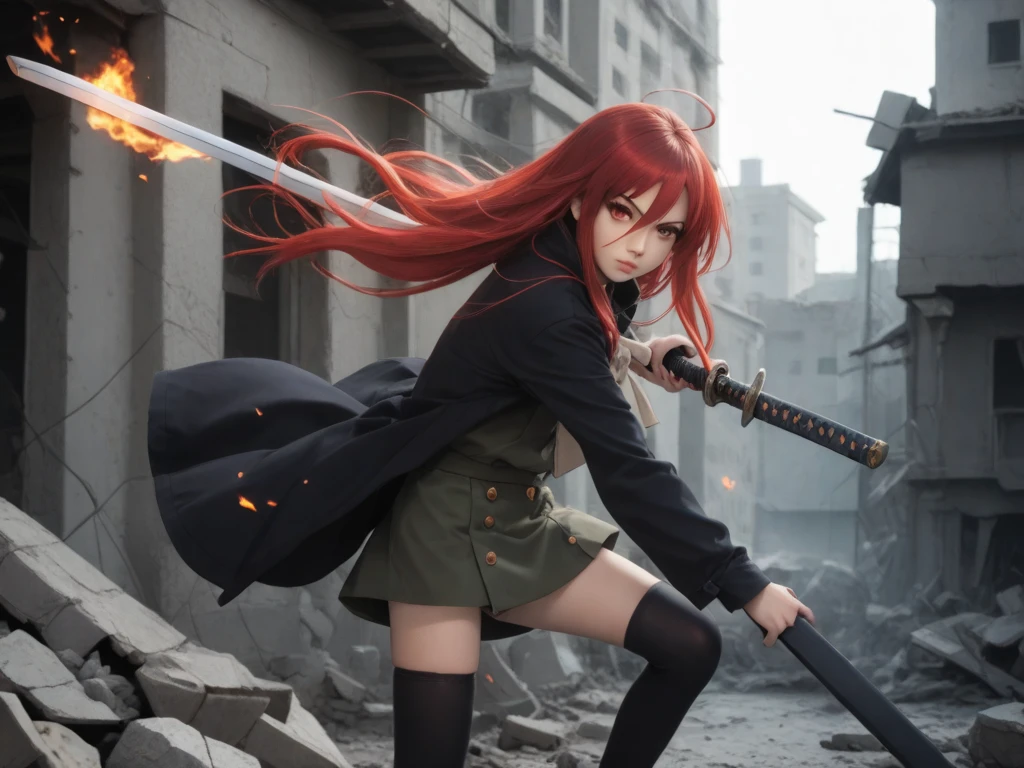 1 girl, cowboy shot, Burning City ,rubble ruins,a little anger, (battle preparation:1.2), open your mouth, (night:1.2), explosive inflammation,shana, red eyes, redhead, very long hair, hair between eyes, (Ahoge:1.1), explosive flame,abandoned building,rubble serafuku, green skirt, Thighhighs,long Japanese sword wrapped in flames..,highest quality, masterpiece, High resolution, black long coat,
shana, red eyes, red hair, very long hair, hair between eyes, ahoge),  score_9, score_8_up, score_7_up, source_anime, Swing a japannse sword with both hands ,(photo realistic:1.4),(realistic skin:1.4),photo realistic,Holding a Japanese sword with both hands,Battoujutsu,Put your hand on the pattern of a Japanese sword,A giant Japanese sword with a black handle