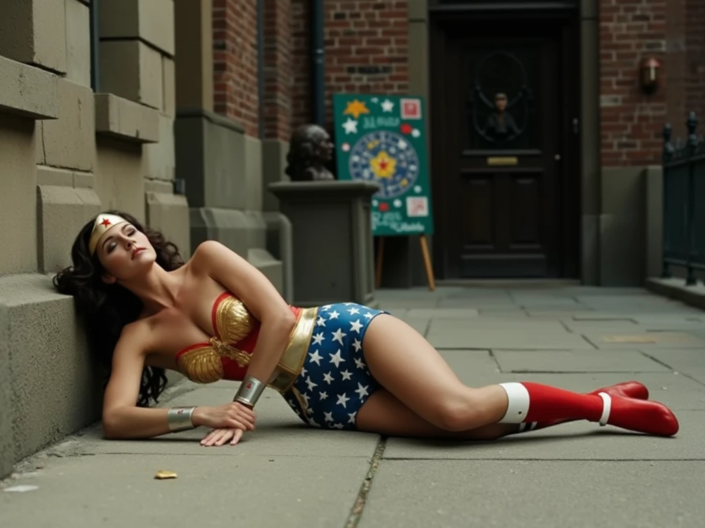 ((SUPERHEROINE WONDER WOMAN IS A FILTHY OLD WHORE, CURRENT STANDING, IN THE DIRTY ALLEY,  at night), ((Emotional expression,expression of pain and despair, gritando de dor, Expression of suffering, olhos arregalados)),(Mulher Maravilha USA BOTAS STILETTO HIGH HEELS),Expression of suffering, olhos arregalados, expression of fear, corpo se contorcendo de dor)))